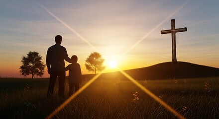 Resurrection of Easter Sunday Concept — Silhouettes of Father and Son Looking Toward the Cross on a Meadow at Sunrise, Symbolizing Faith, Hope, and Renewal