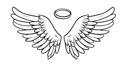 A pair of detailed, outlined angel wings with a halo, ideal for religious or fantasy design.