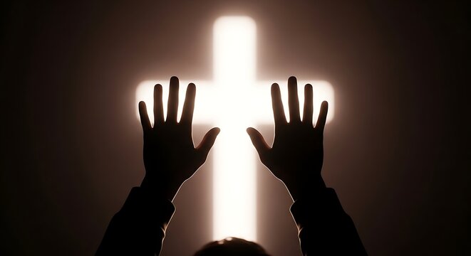 Worship Concept &mdash; Human Hands Raised in Praise Over a Blurred Cross Background, Symbolizing Faith, Devotion, and Spiritual Connection