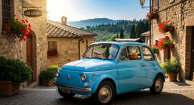 Charming Blue Fiat 500 in a Picturesque Italian Village.