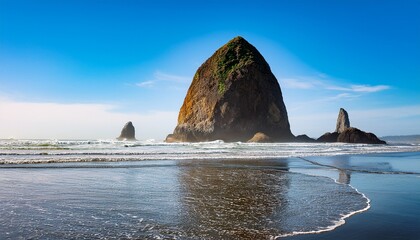 Haystack Rock Rises From The Pacific Ocean At Cannon Beach Oregon In This Rare Sunny Shot