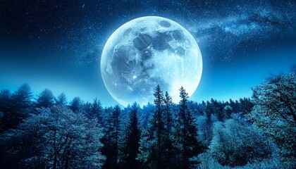 Naklejka premium Mystical Forest Landscape With Giant Glowing Moon Planet Rising Above Treetops Under Starlit Sky Generative Ai Fantasy World