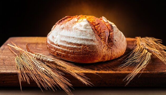 Freshly Baked Artisan Bread On Rustic Wooden Board With Wheat Ears - Powered by Adobe