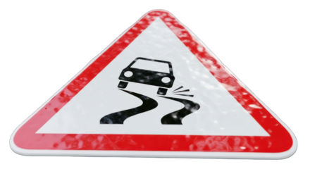 Slippery Road Warning Sign with Car Icon and Red Border.