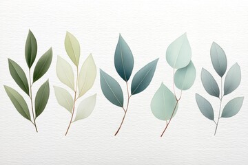 Minimalist botanical illustration of various eucalyptus leaves on white background