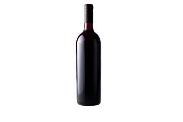 A bottle of red wine is sitting on a white background