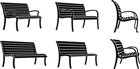Collection of park benches, outdoor seating silhouettes, wooden and metal benches, public furniture design, garden seating elements, urban landscape style