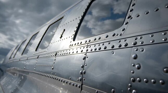 Close up view of a silver airplane body with rivets against a cloudy sky background outside day
