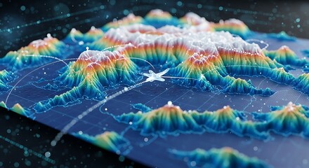 Digital terrain map with data points and network connections.