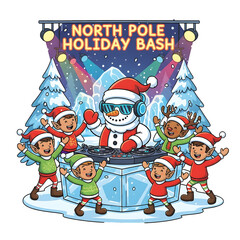 North Pole Holiday Bash Festive DJ Snowman and Dancing Elves Party Celebration Winter Wonderland Transparent PNG