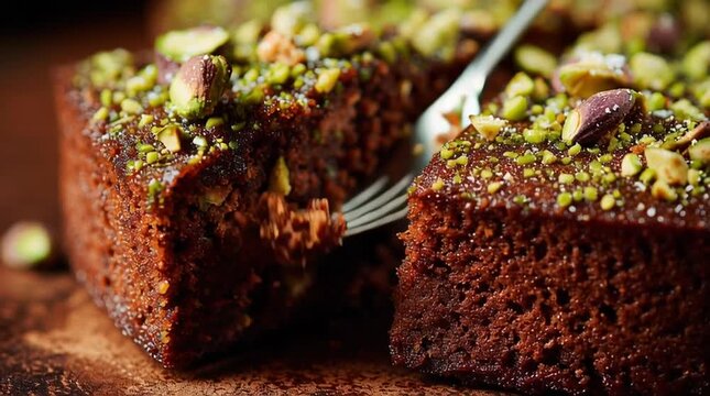 Close up of a chocolate cake with pistachios and a fork taking a piece out of the cake slice