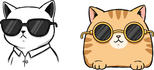 Cool cats, wearing sunglasses, black and white line art, orange tabby illustration, stylish feline characters, retro eyewear, trendy design, cartoon vector art