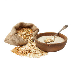 Oatmeal in Rustic Bowl with Burlap Sack of Oats