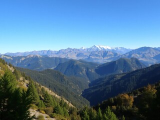 Expansive mountain range landscape under a clear blue sky