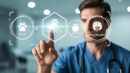 Man touching virtual icons representing pet care housing nutrition and mental wellbeing in blue scrubs - Powered by Adobe