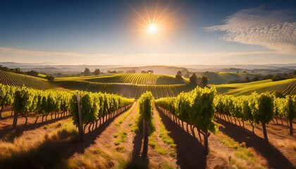 Naklejka premium A Sunlit Vineyard With Rows Of Grapevines Stretching Into The Distance Ai Generated Illustration
