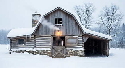 Cozy Log Cabin in Snowy Winter Landscape with Smoke from Chimney.