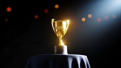 A gleaming golden trophy, the embodiment of triumph and success, takes center stage on a dark, draped pedestal, radiating with an aura of prestige and accomplishment.