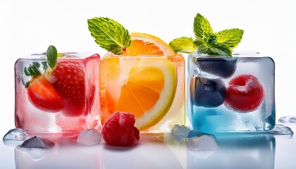 Colorful Ice Cubes With Fruits Isolated On White Background