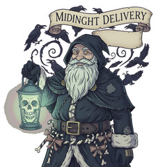 Midnight Delivery: Gothic Santa Claus with Skull Lantern & Crows - Dark Fantasy Christmas Illustration
