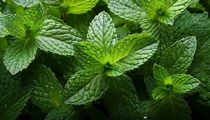 A Highly Detailed And Vivid Photograph Of Fresh Mint Leaves With Dew Drops