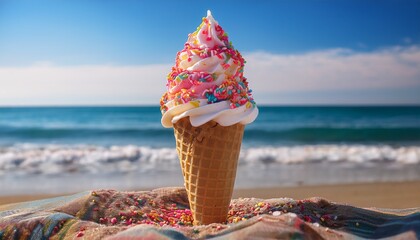Sweet Beach Treat A Refreshing Ice Cream Cone Adorned With Colorful Sprinkles Sits Enticingly Against A Backdrop Of A Tranquil Seaside Scene