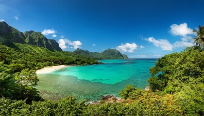 A Tranquil Beach Cove With Clear Turquoise Water Framed By Lush Tropical Foliage And Distant Mountains