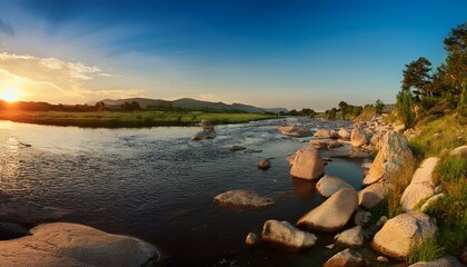Picturesque Panorama Of The River And Rocky Shores At Sunset On A Summer Day