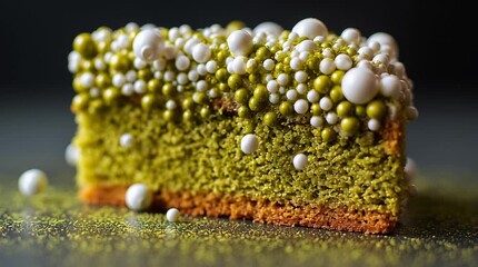 Close up of a matcha cake topped with white and green candy balls on a dark surface in a studio