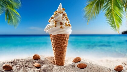 Delicious Vanilla Ice Cream Cone With Nuts On A Tropical Beach With Palm Trees And Blue Sea Perfect For A Summer Vacation Treat
