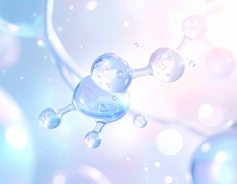 青とピンクのグラデーション　美容液の保湿成分を象徴する青い分子球体 ジェネレーティブAI