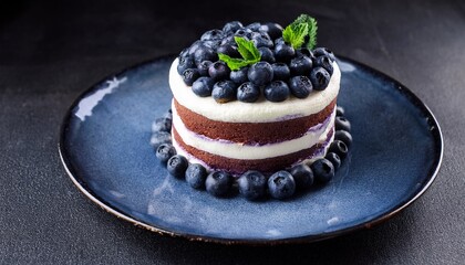 Blueberry Layer Cake With Cream And Fresh Fruits On Dark Background