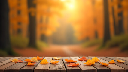 Rustic wooden table with autumn leaves, blurred forest background in warm orange and gold tones, warm seasonal atmosphere.