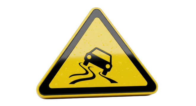 Slippery Road Warning Sign with Car Skidding Illustration.
