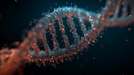 Golden fingerprint on dna strand with glowing particles floating in a dark blue background scene - Powered by Adobe