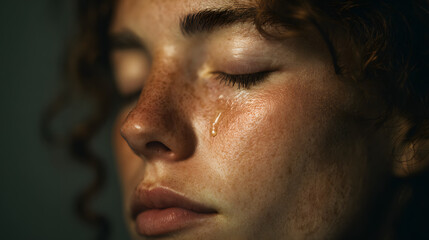 Obraz premium A single tear of raw emotion cascades down the freckled cheek of a woman, embodying profound sadness and vulnerability in a poignant close-up moment