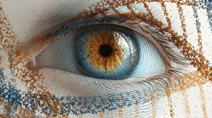 Close up of a human eye with dna strand design and fingerprint pattern on the skin surface art - Powered by Adobe