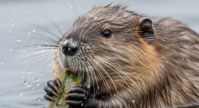Coypu Eating Aquatic Plant in Water.