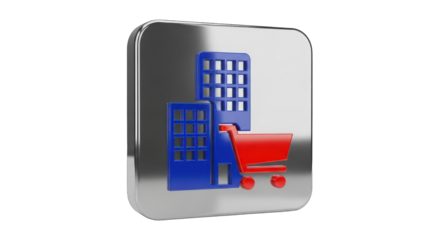Online Shopping Icon with Buildings and Cart.