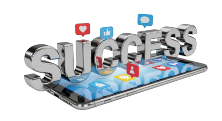 Shiny Chrome Success Text on Smartphone Screen.