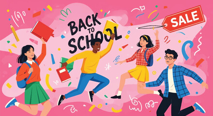 Adobe illustrator artwork vector illustration. Five diverse, energetic students celebrate "Back to School Sale" with school supplies and confetti on a vibrant pink background