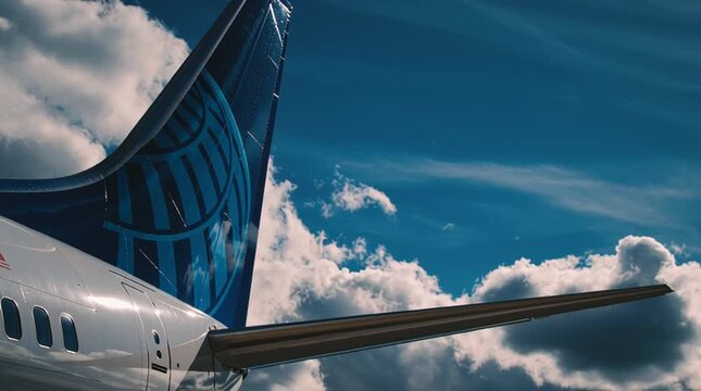 Airplane tail fin with blue design against a backdrop of fluffy white clouds and a bright blue sky