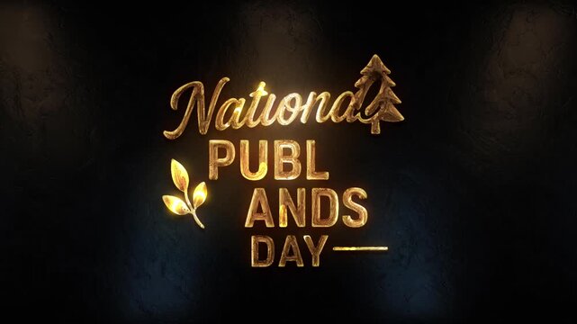 Golden text animation for National Public Lands Day with tree and leaf icons. Elegant glowing style, ideal for environmental, conservation, and holiday-themed creative projects.