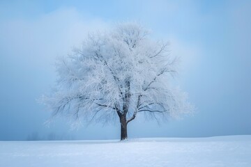 Blue winter scene with snowed tree