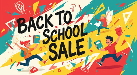 Adobe illustrator artwork vector illustration. Dynamic "Back to School Sale" banner with excited students jumping, surrounded by school supplies and abstract colorful shapes