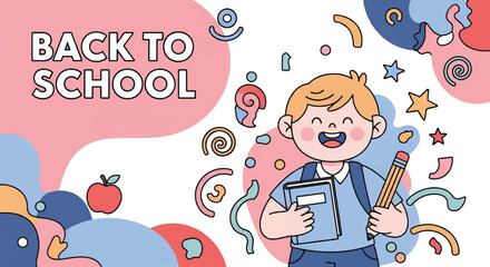 Adobe illustrator artwork vector illustration. A cheerful boy with a backpack, book, and pencil celebrates 