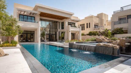 Fototapeta premium Luxurious modern villa with a stunning pool and waterfall in a sunny residential neighborhood