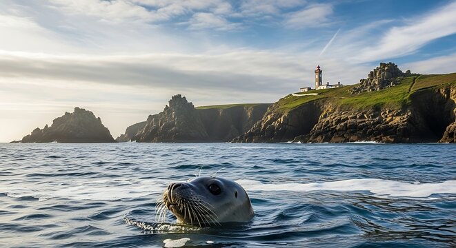 Curious Grey Seal Surfaces in the Ocean with a Lighthouse on the Coast.