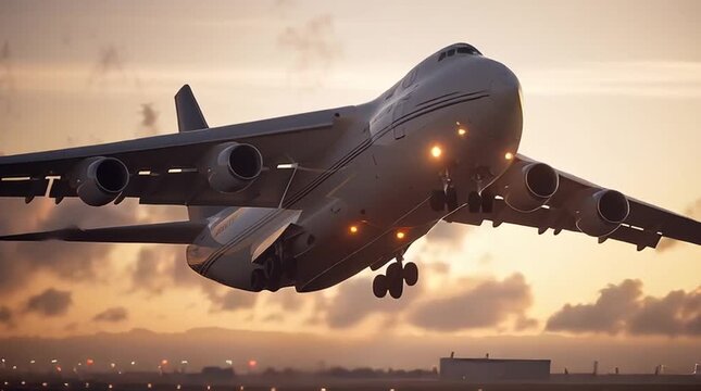 Frontal view of an antonov airplane taking off at dusk with city lights in the background