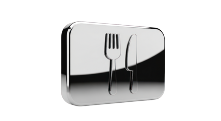 Silver Restaurant Icon with Fork and Knife on Rounded Square.